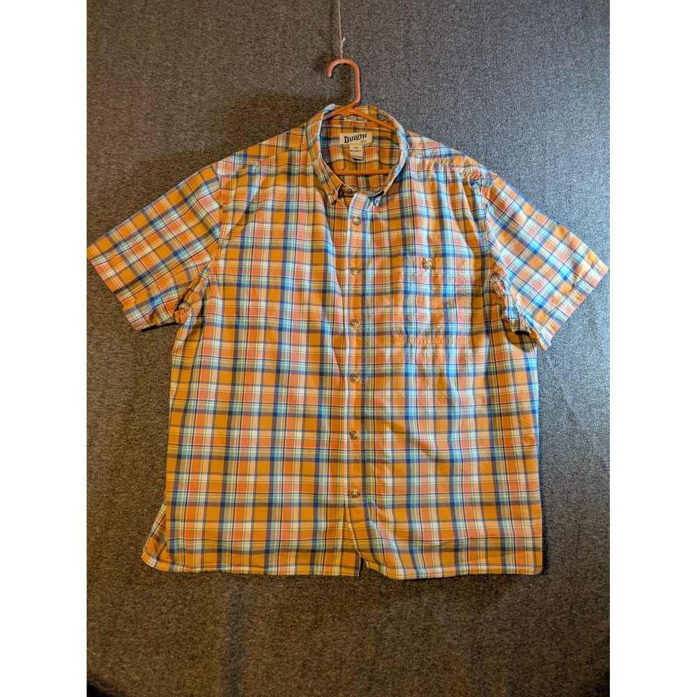 Duluth Trading Co. Mens S/S Button Shirt Sz.2XL/Orange&Blue Plaid/Relaxed Fit‎
